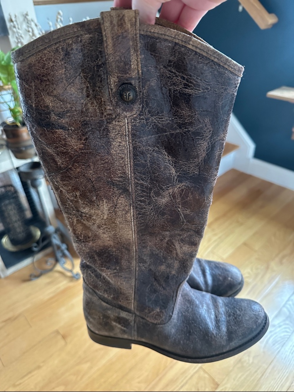 Frye Melissa Button Extend Calf Distressed Brown Leather Tall Riding Boots